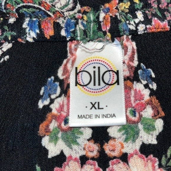 bila Womens Peasant Top XL Black Paisley Print 3/4 Length Flutter Sleeves Rayon - Picture 5 of 6